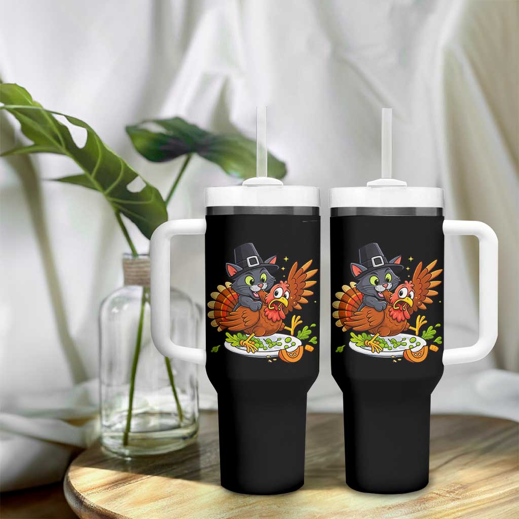 Funny Thanksgiving Cat Pilgrim Eat Turkey Tumbler With Handle