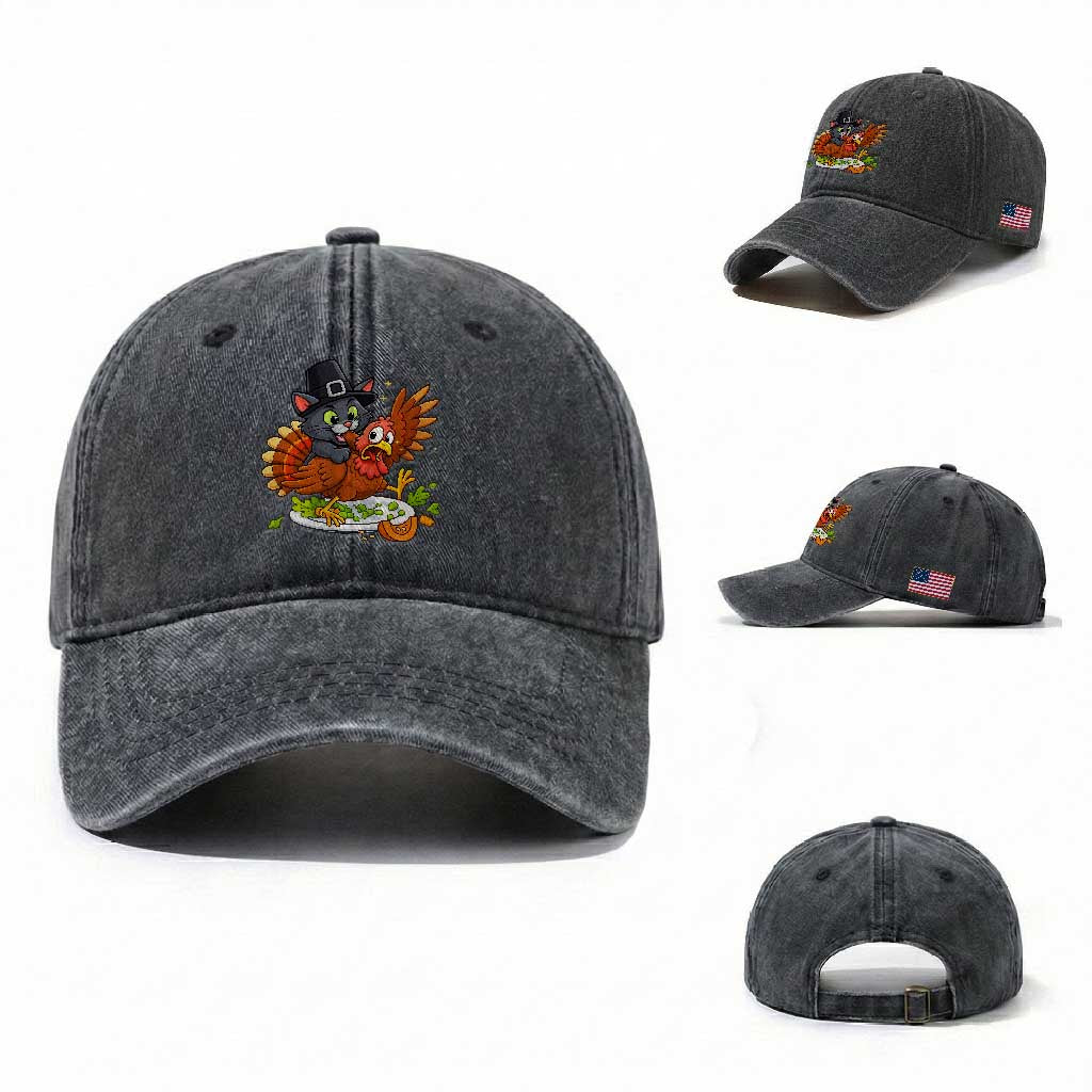 Funny Thanksgiving Cat Pilgrim Eat Turkey Washed Cotton Baseball Cap