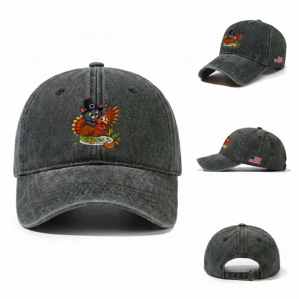 Funny Thanksgiving Cat Pilgrim Eat Turkey Washed Cotton Baseball Cap