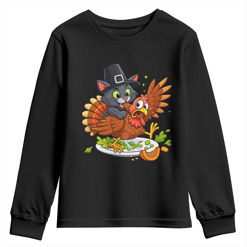Funny Thanksgiving Cat Pilgrim Eat Turkey Youth Sweatshirt - Wonder Print Shop