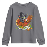 Funny Thanksgiving Cat Pilgrim Eat Turkey Youth Sweatshirt - Wonder Print Shop