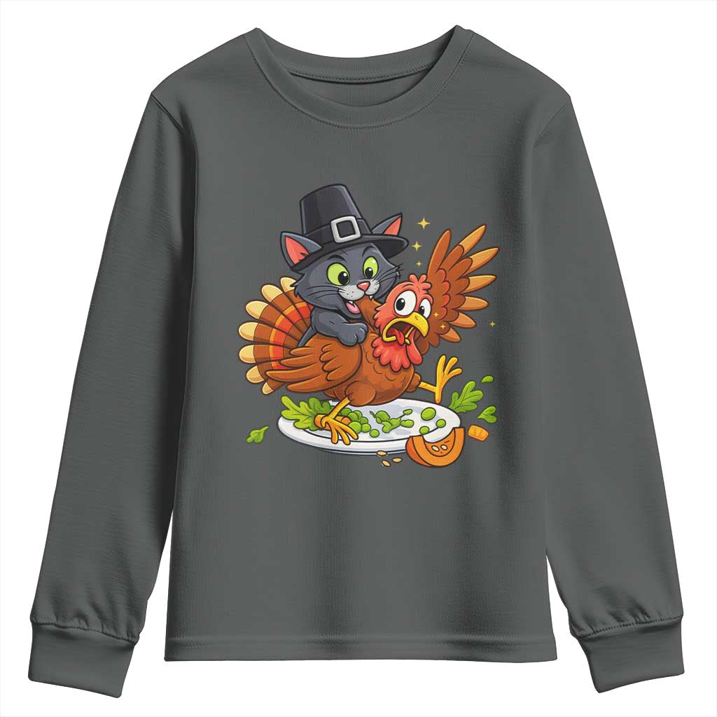 Funny Thanksgiving Cat Pilgrim Eat Turkey Youth Sweatshirt - Wonder Print Shop