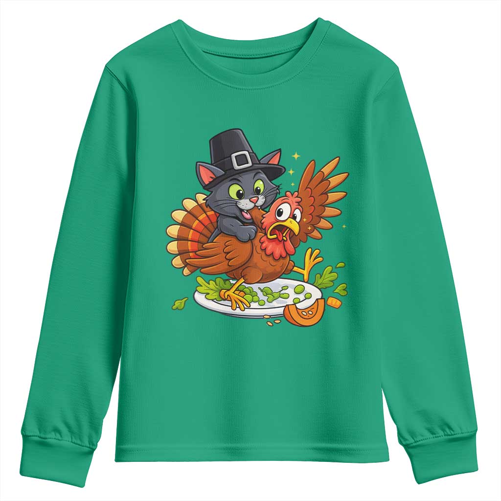 Funny Thanksgiving Cat Pilgrim Eat Turkey Youth Sweatshirt - Wonder Print Shop