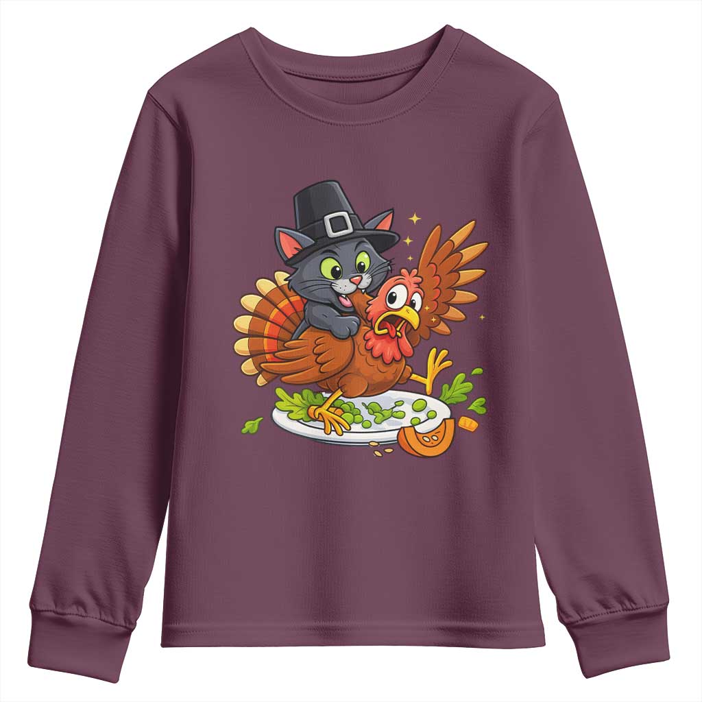 Funny Thanksgiving Cat Pilgrim Eat Turkey Youth Sweatshirt - Wonder Print Shop