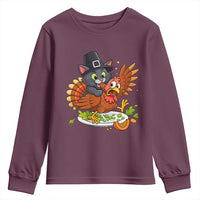 Funny Thanksgiving Cat Pilgrim Eat Turkey Youth Sweatshirt - Wonder Print Shop