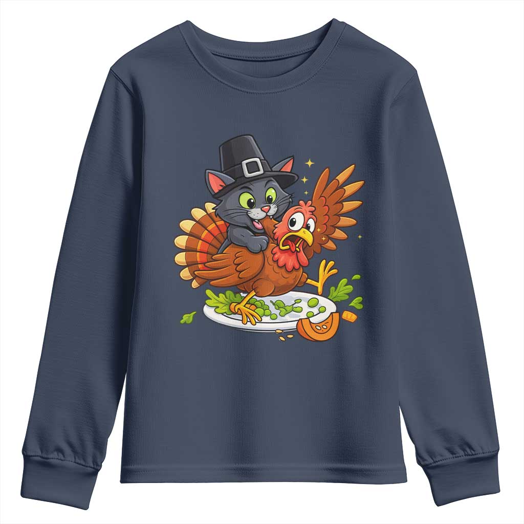 Funny Thanksgiving Cat Pilgrim Eat Turkey Youth Sweatshirt - Wonder Print Shop
