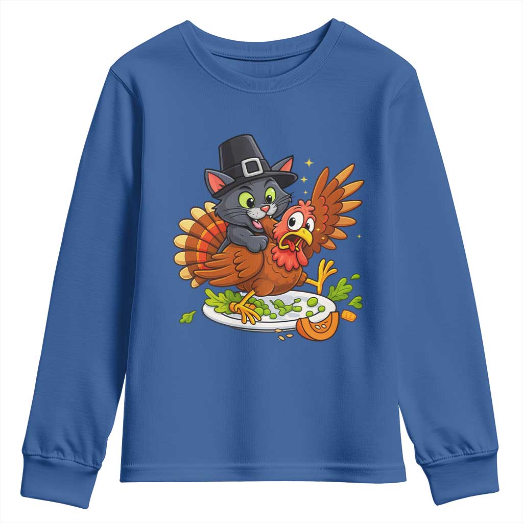 Funny Thanksgiving Cat Pilgrim Eat Turkey Youth Sweatshirt - Wonder Print Shop