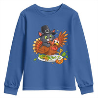 Funny Thanksgiving Cat Pilgrim Eat Turkey Youth Sweatshirt - Wonder Print Shop