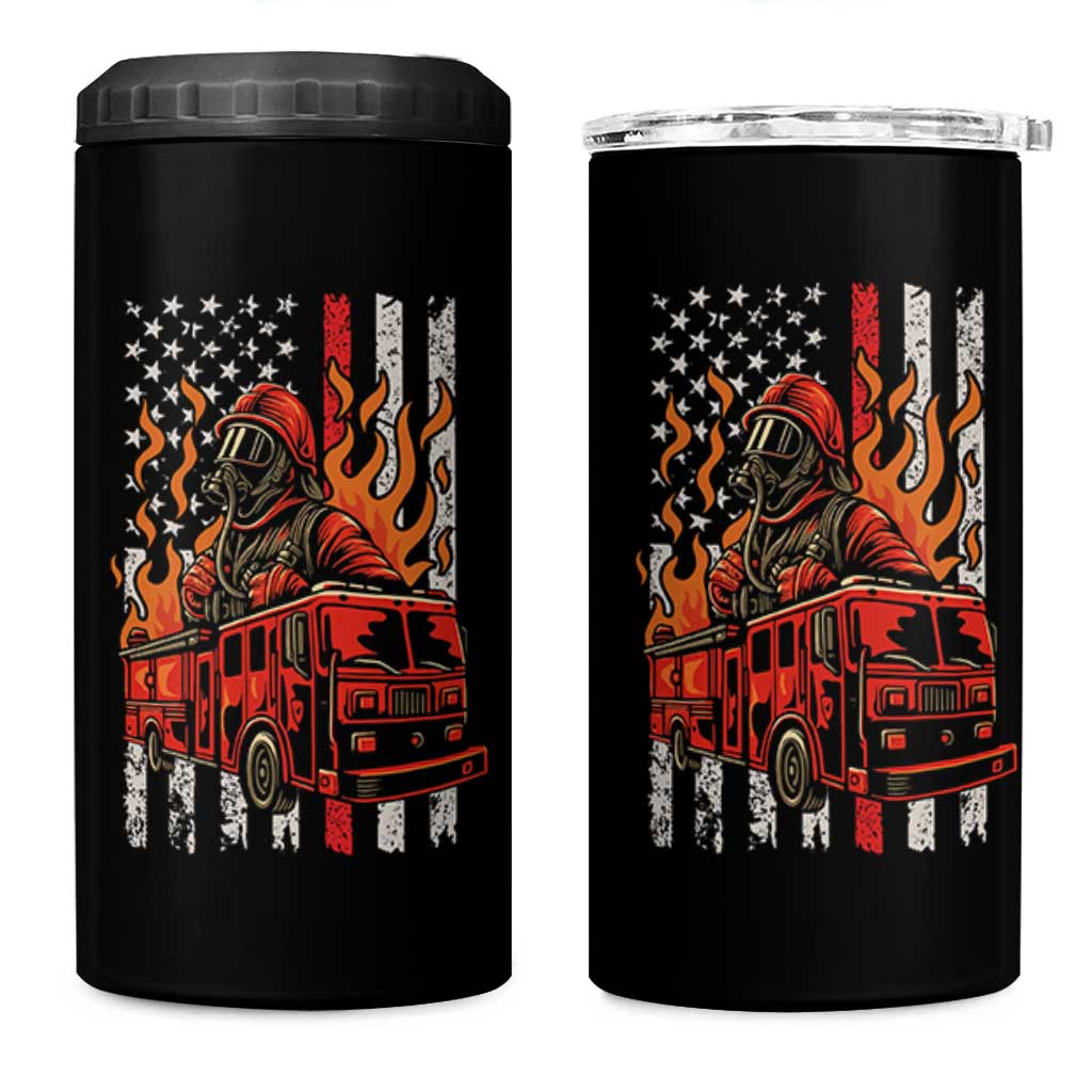 Firefighter Patriotic Fire Truck Fireman American Flag 4 in 1 Can Cooler Tumbler