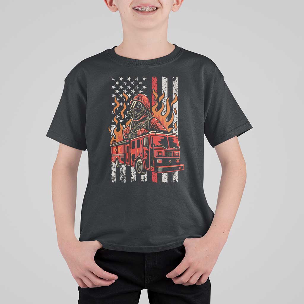 Firefighter Patriotic Fire Truck Fireman American Flag T Shirt For Kid - Wonder Print Shop