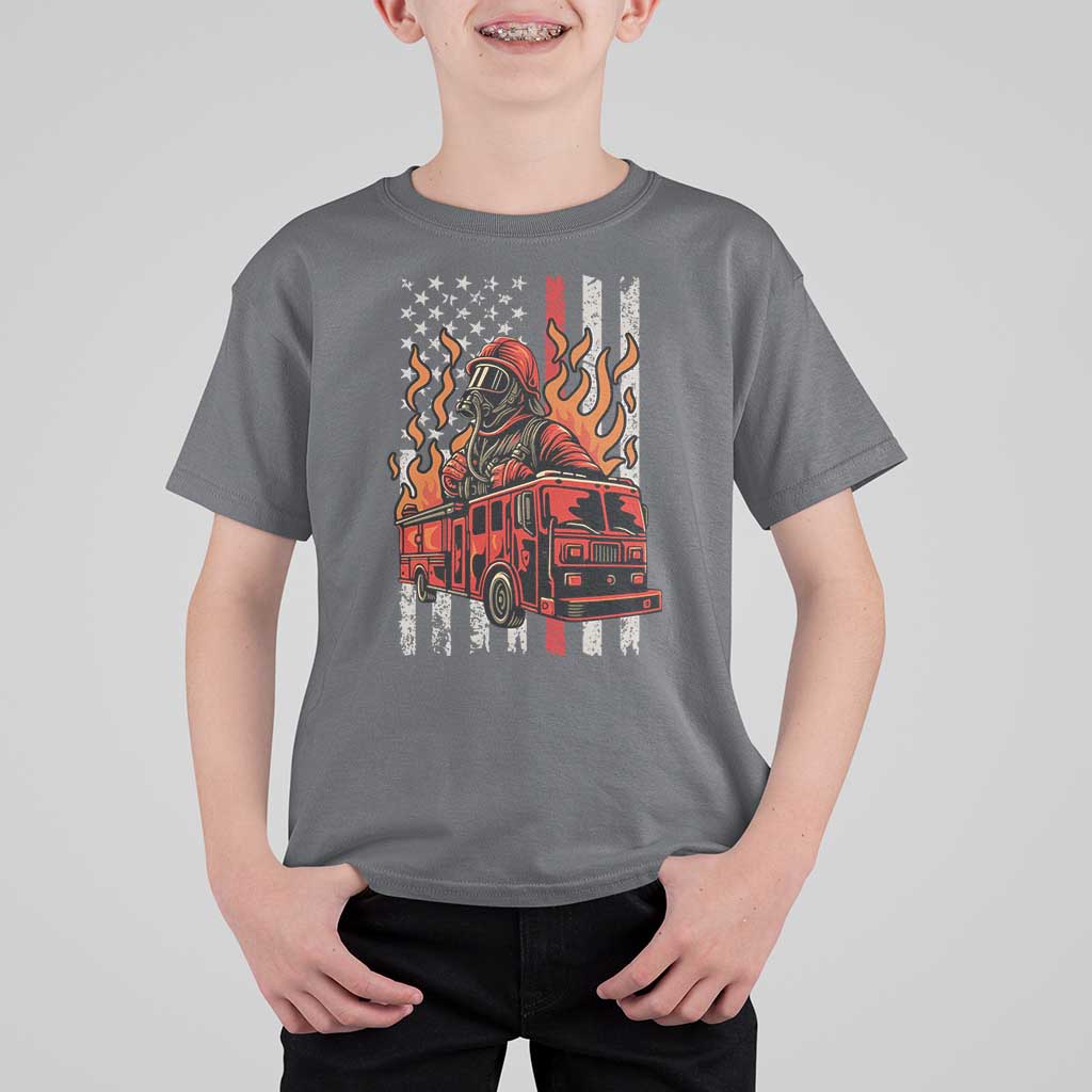 Firefighter Patriotic Fire Truck Fireman American Flag T Shirt For Kid - Wonder Print Shop
