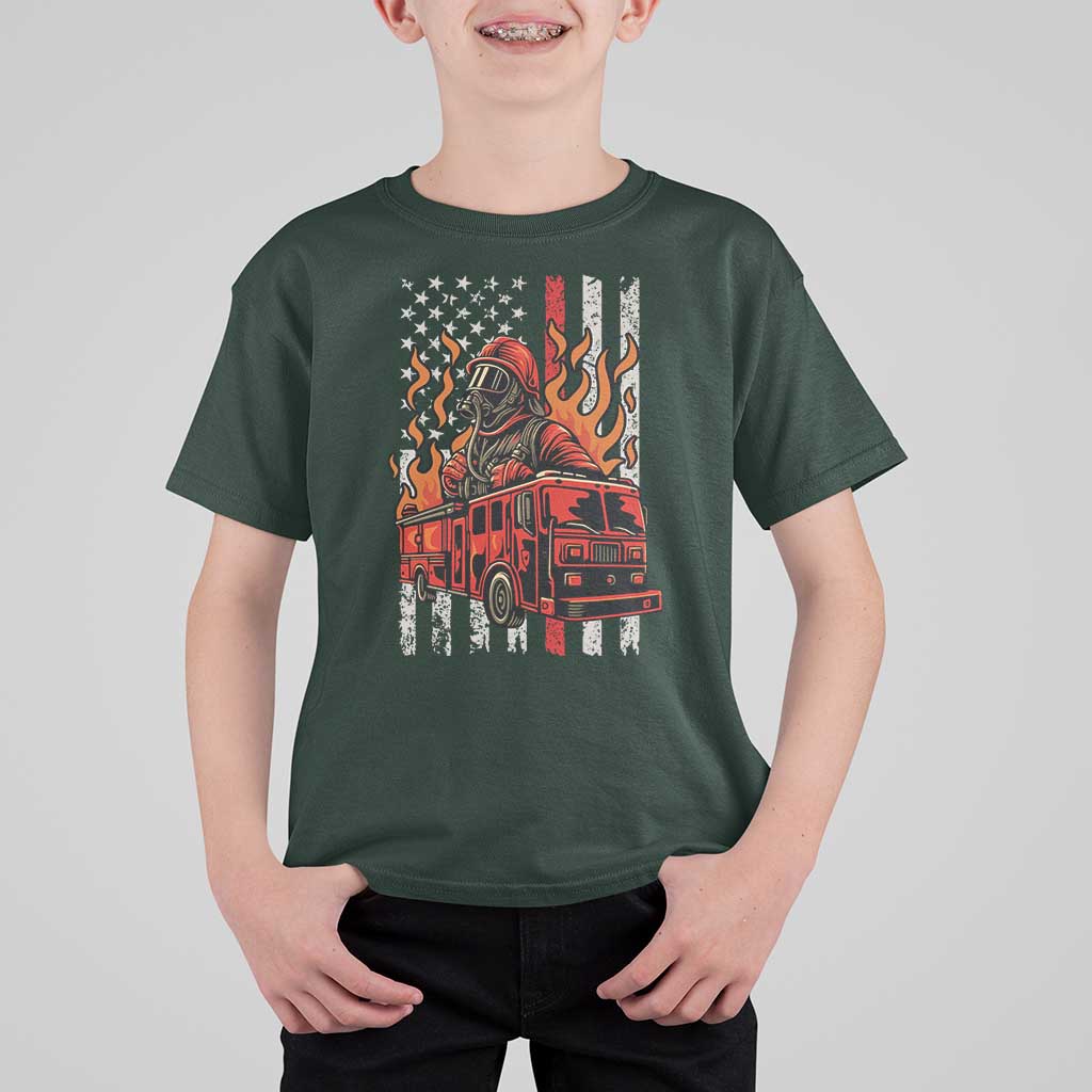 Firefighter Patriotic Fire Truck Fireman American Flag T Shirt For Kid - Wonder Print Shop