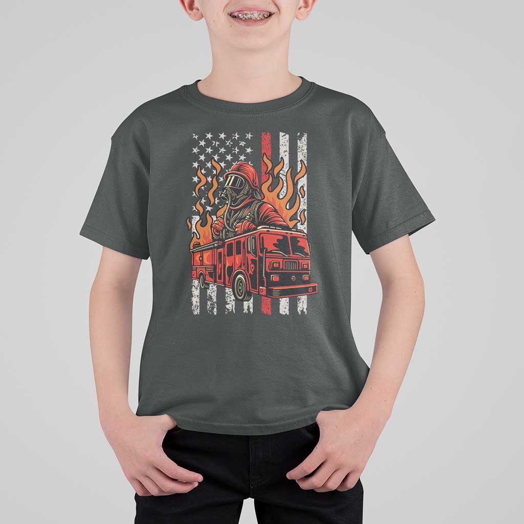 Firefighter Patriotic Fire Truck Fireman American Flag T Shirt For Kid - Wonder Print Shop