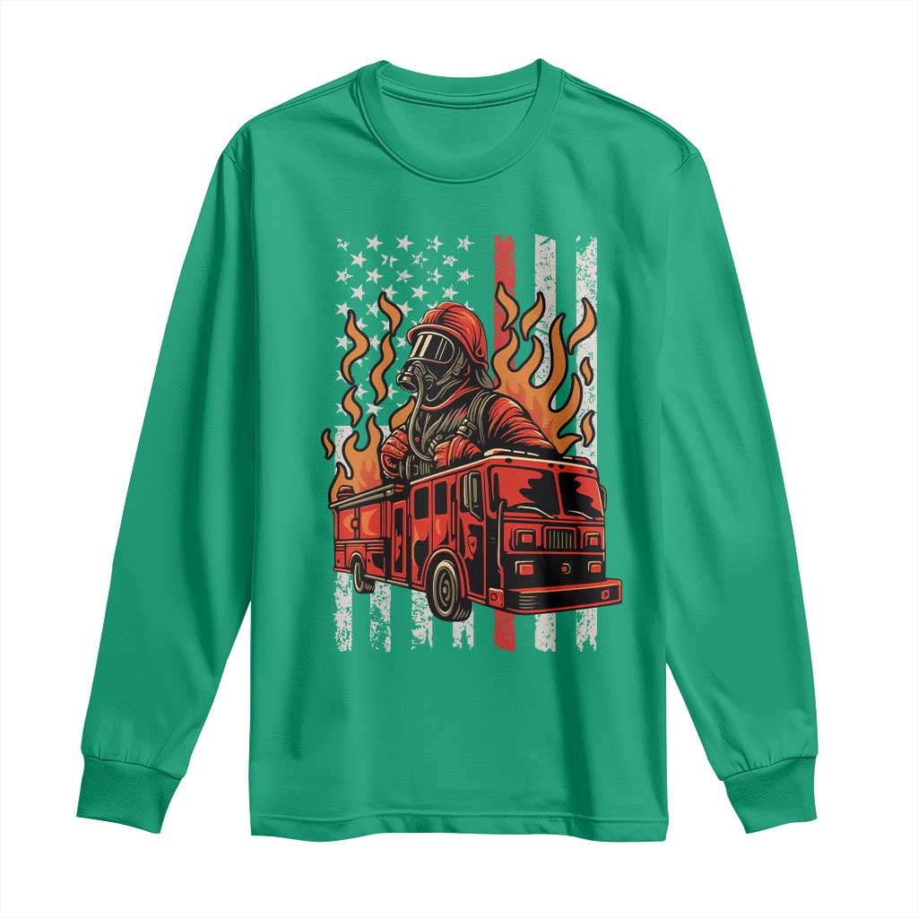 Firefighter Patriotic Fire Truck Fireman American Flag Long Sleeve Shirt - Wonder Print Shop