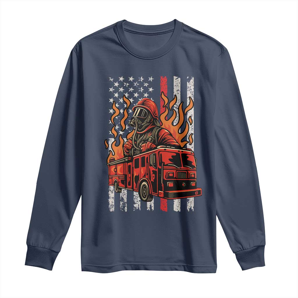 Firefighter Patriotic Fire Truck Fireman American Flag Long Sleeve Shirt - Wonder Print Shop