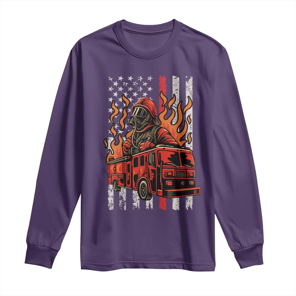 Firefighter Patriotic Fire Truck Fireman American Flag Long Sleeve Shirt - Wonder Print Shop