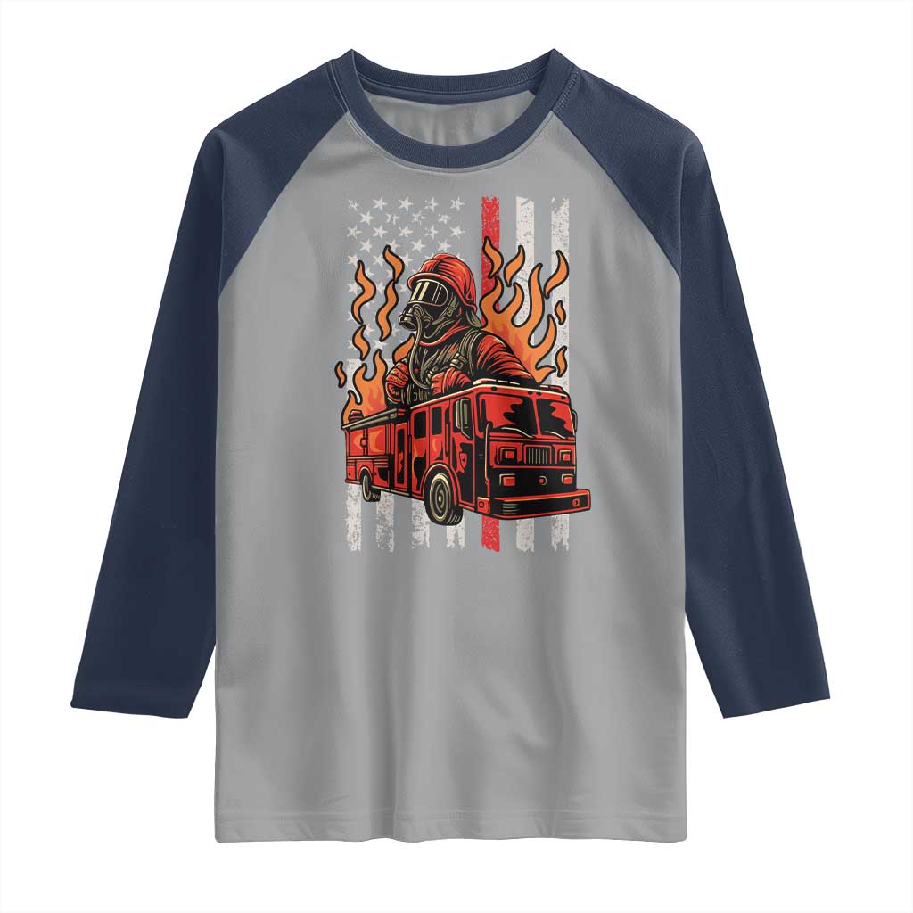 Firefighter Patriotic Fire Truck Fireman American Flag Raglan Shirt - Wonder Print Shop