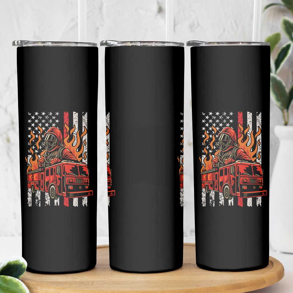 Firefighter Patriotic Fire Truck Fireman American Flag Skinny Tumbler