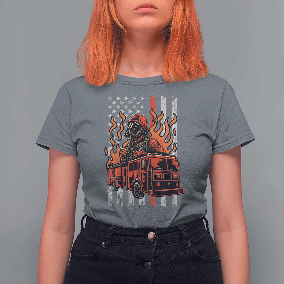 Firefighter Patriotic Fire Truck Fireman American Flag T Shirt For Women - Wonder Print Shop