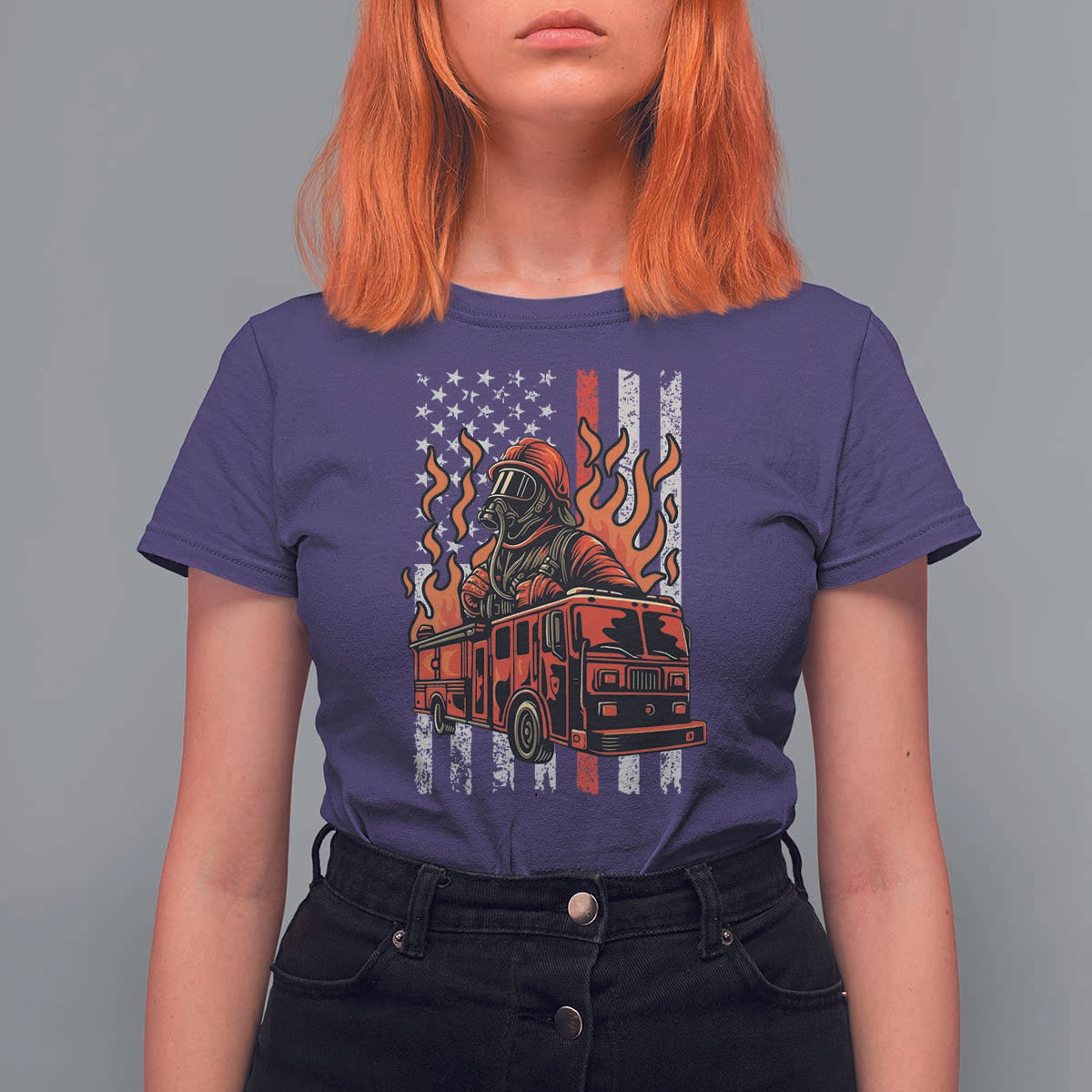 Firefighter Patriotic Fire Truck Fireman American Flag T Shirt For Women - Wonder Print Shop