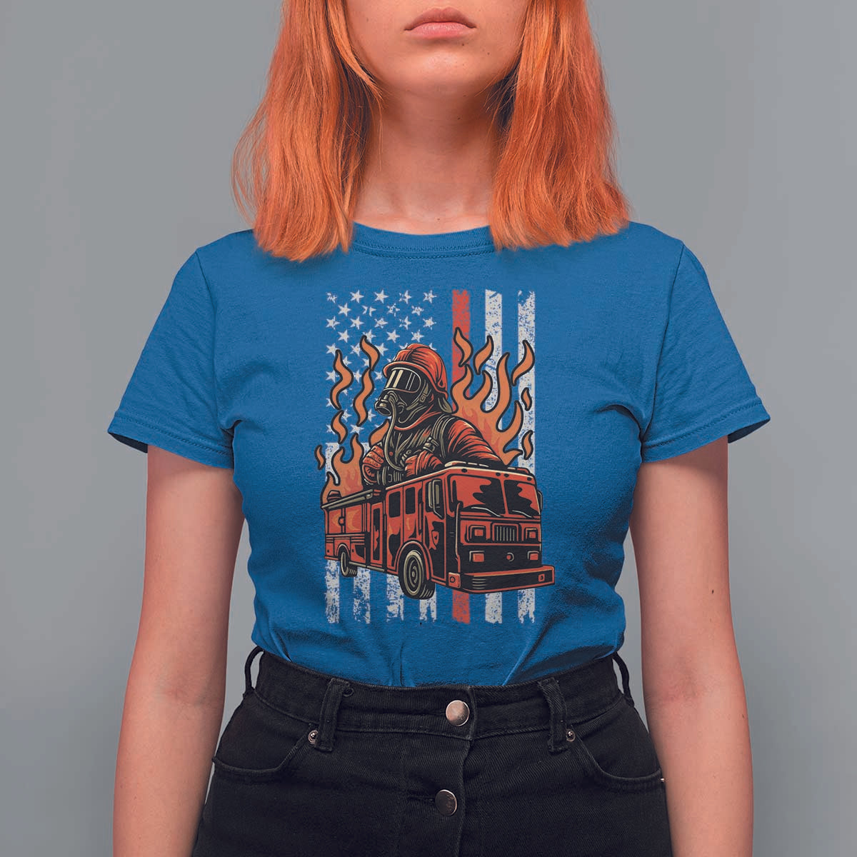 Firefighter Patriotic Fire Truck Fireman American Flag T Shirt For Women - Wonder Print Shop