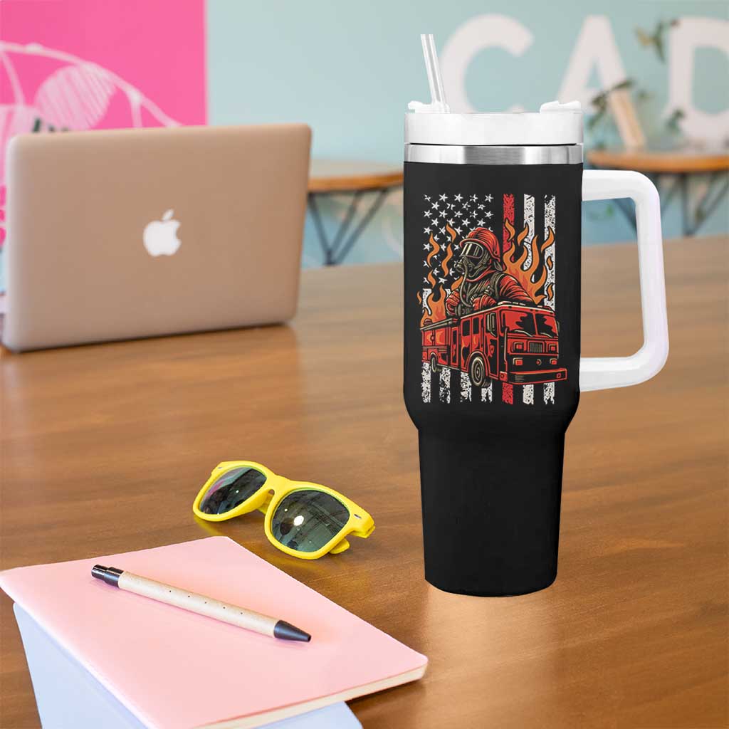 Firefighter Patriotic Fire Truck Fireman American Flag Tumbler With Handle