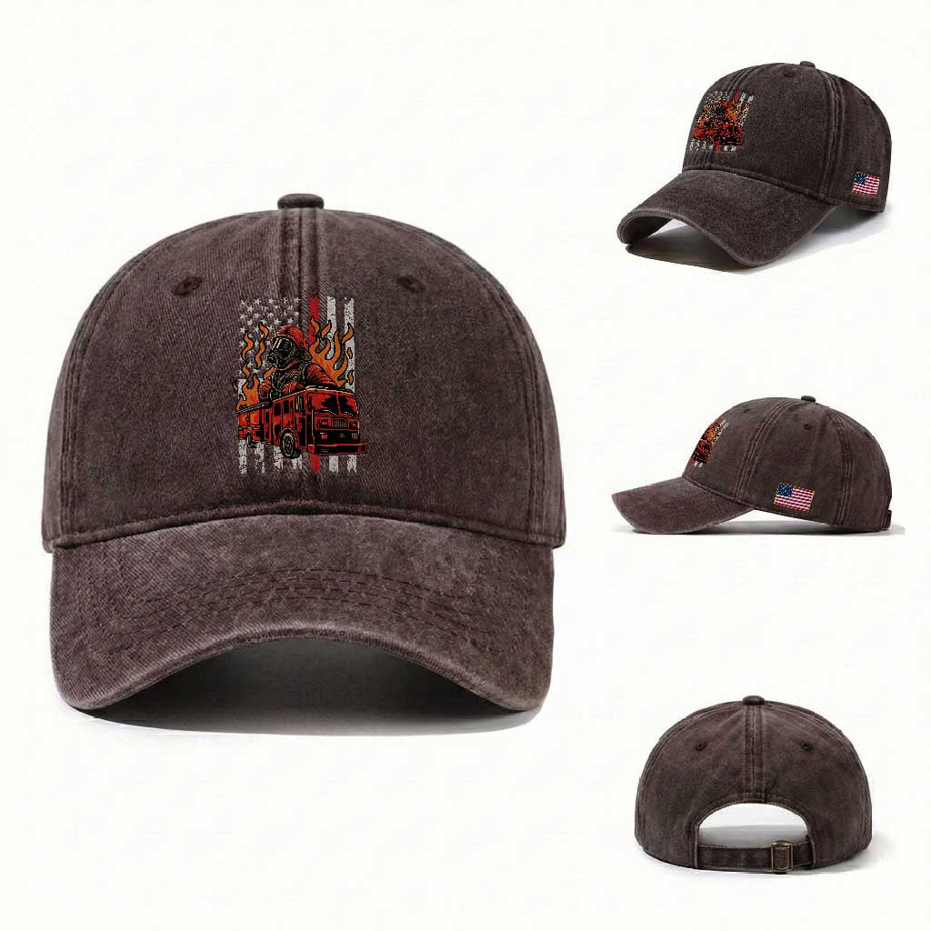 Firefighter Patriotic Fire Truck Fireman American Flag Washed Cotton Baseball Cap