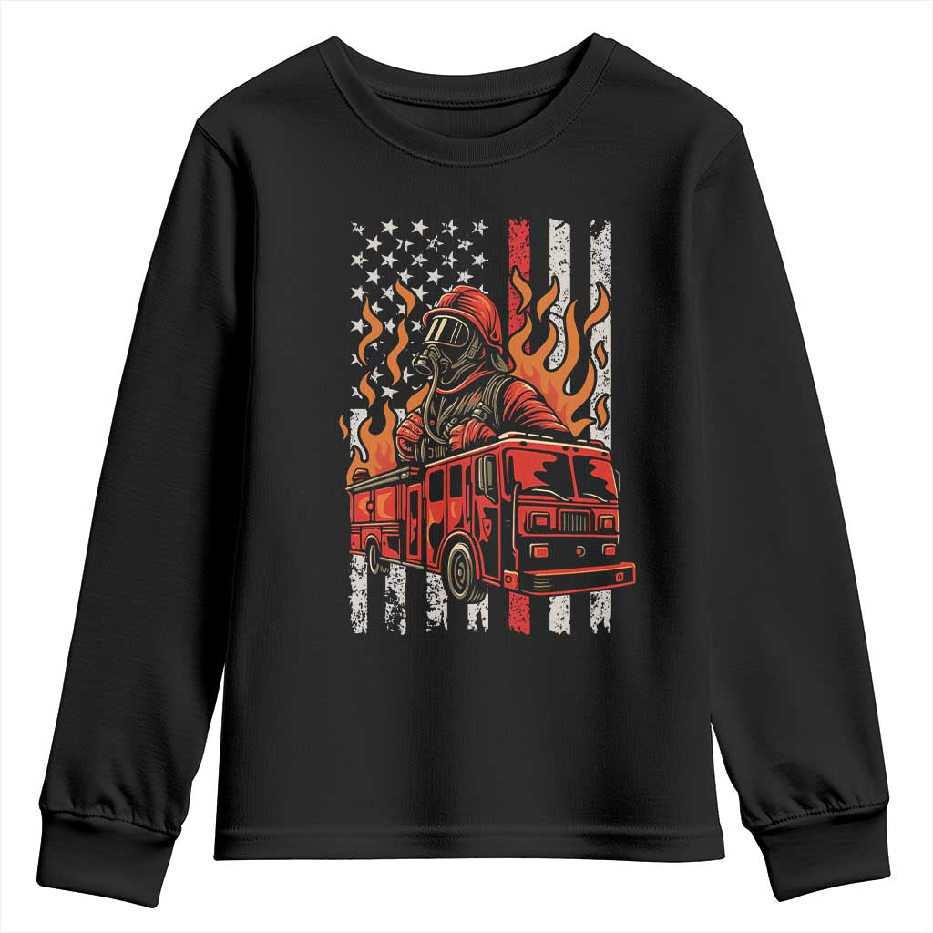 Firefighter Patriotic Fire Truck Fireman American Flag Youth Sweatshirt - Wonder Print Shop
