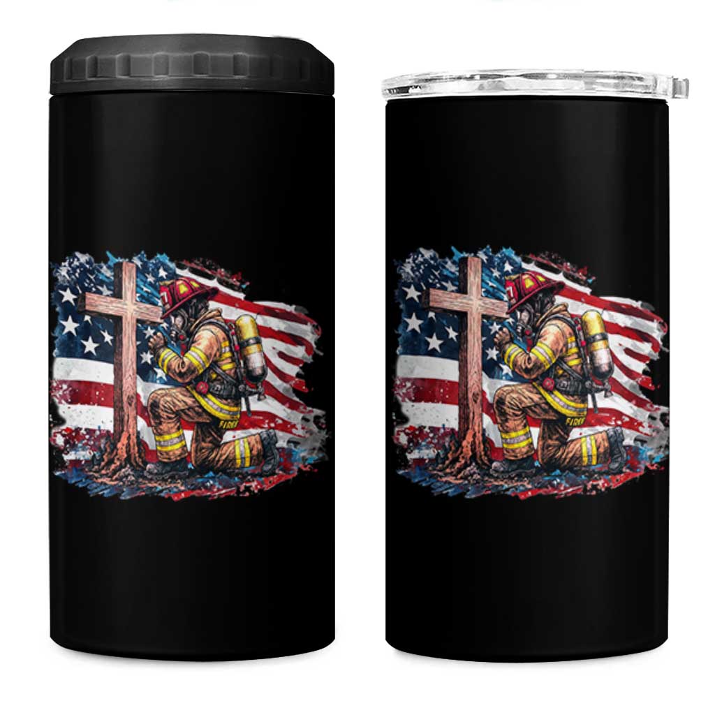 Fireman American Flag 4 in 1 Can Cooler Tumbler Firefighter Christian Cross Bible