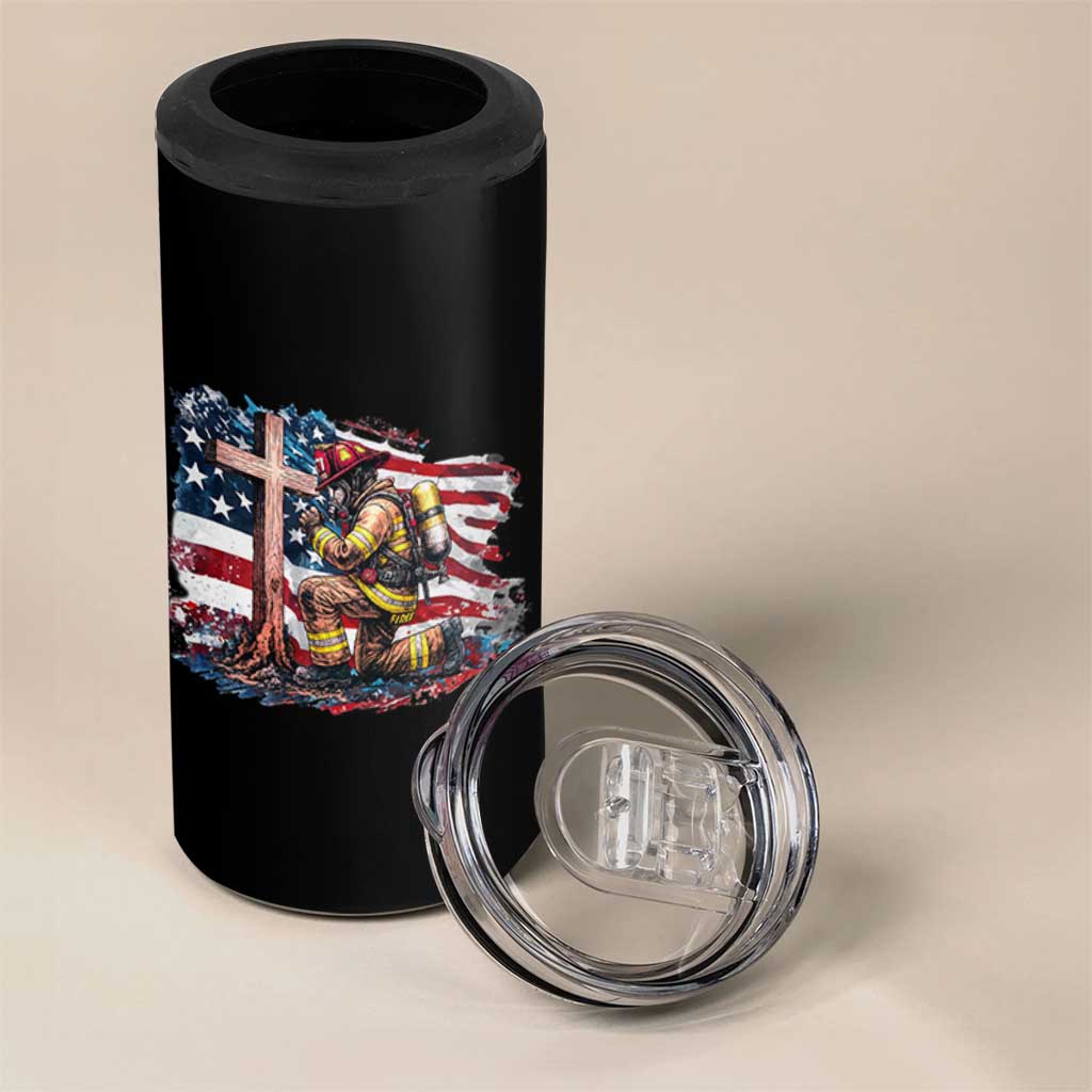 Fireman American Flag 4 in 1 Can Cooler Tumbler Firefighter Christian Cross Bible