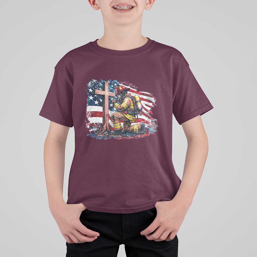 Fireman American Flag T Shirt For Kid Firefighter Christian Cross Bible - Wonder Print Shop