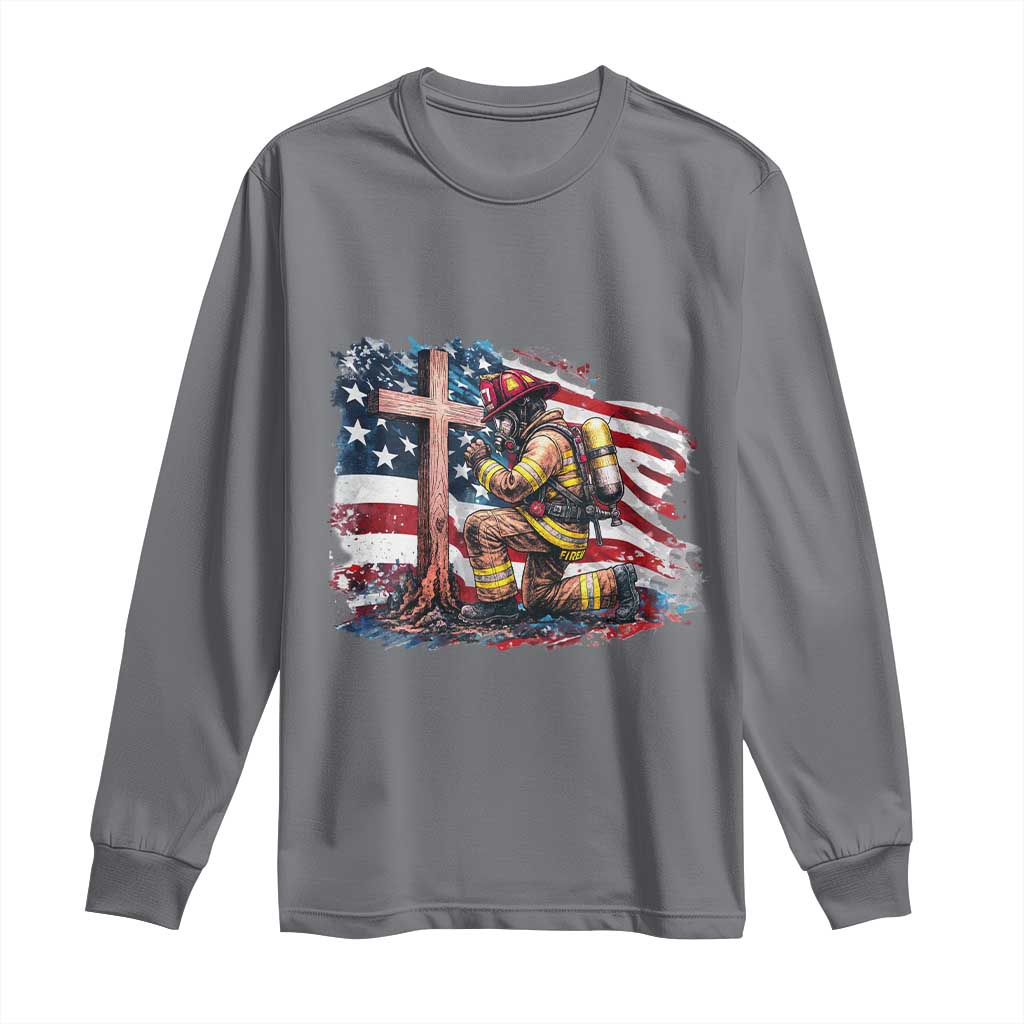 Fireman American Flag Long Sleeve Shirt Firefighter Christian Cross Bible - Wonder Print Shop