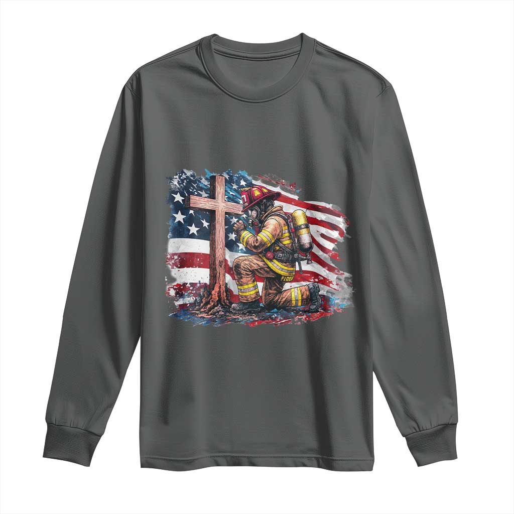 Fireman American Flag Long Sleeve Shirt Firefighter Christian Cross Bible - Wonder Print Shop