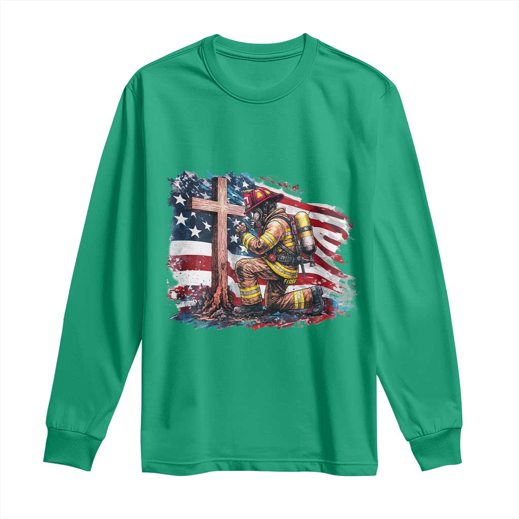 Fireman American Flag Long Sleeve Shirt Firefighter Christian Cross Bible - Wonder Print Shop