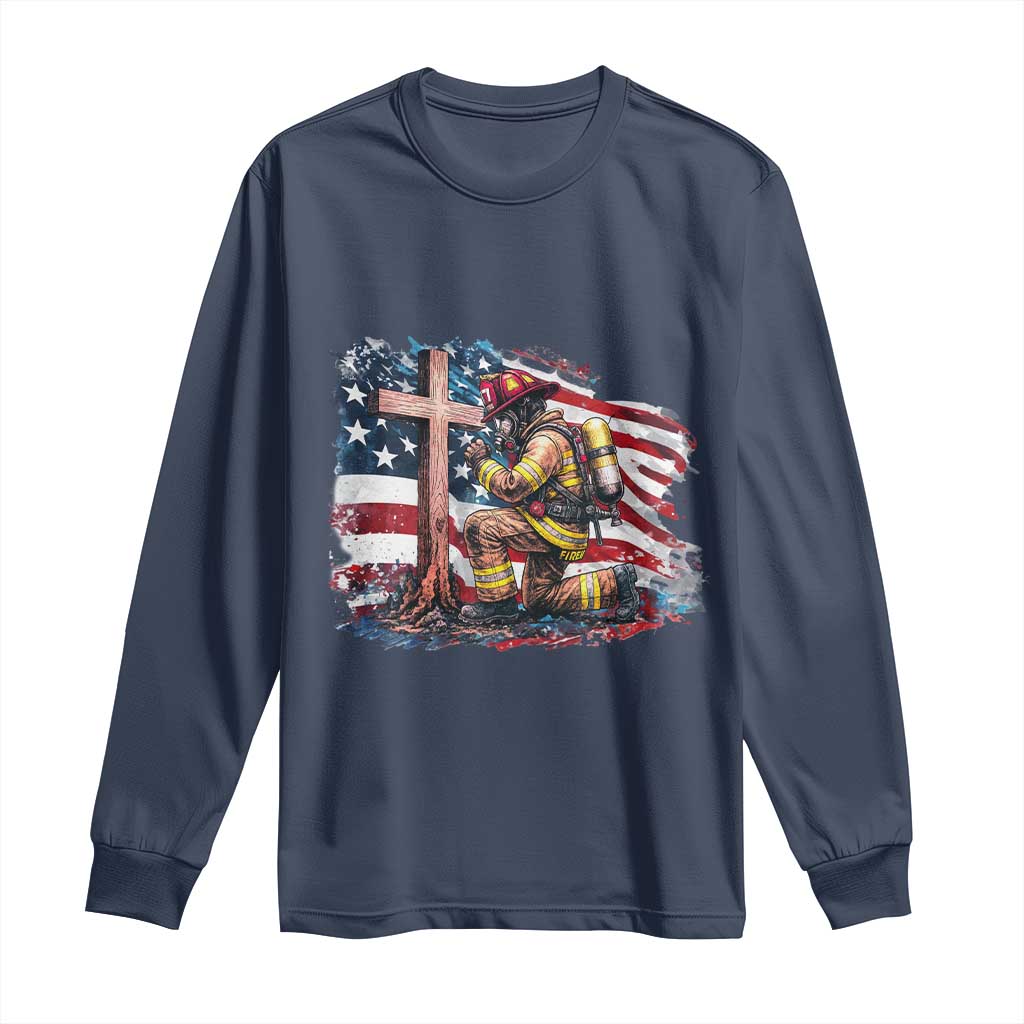 Fireman American Flag Long Sleeve Shirt Firefighter Christian Cross Bible - Wonder Print Shop