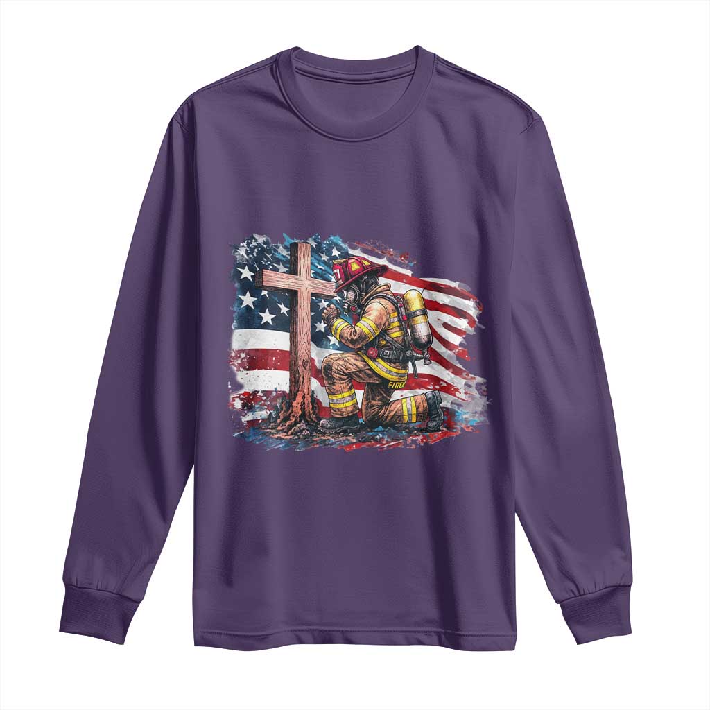 Fireman American Flag Long Sleeve Shirt Firefighter Christian Cross Bible - Wonder Print Shop