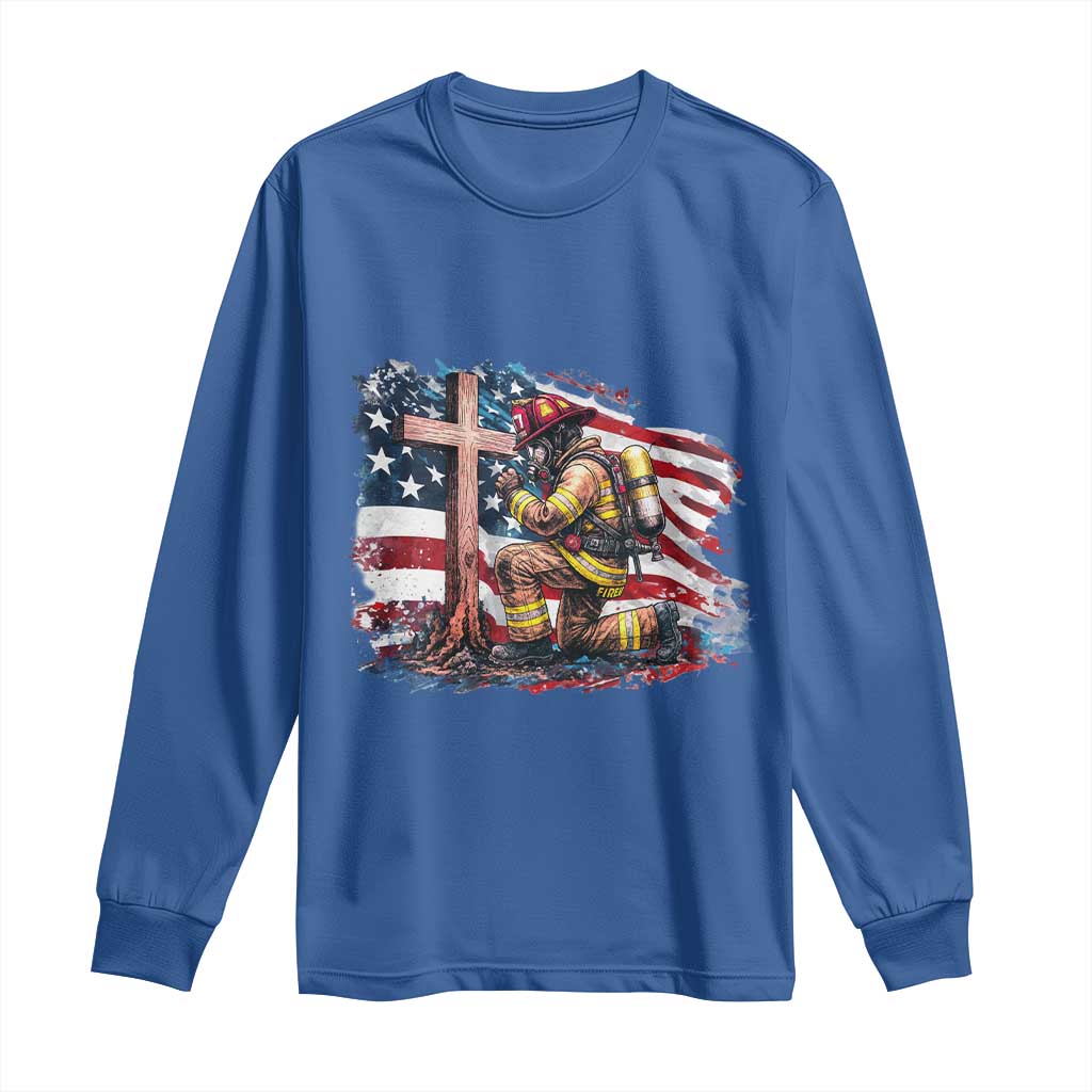Fireman American Flag Long Sleeve Shirt Firefighter Christian Cross Bible - Wonder Print Shop