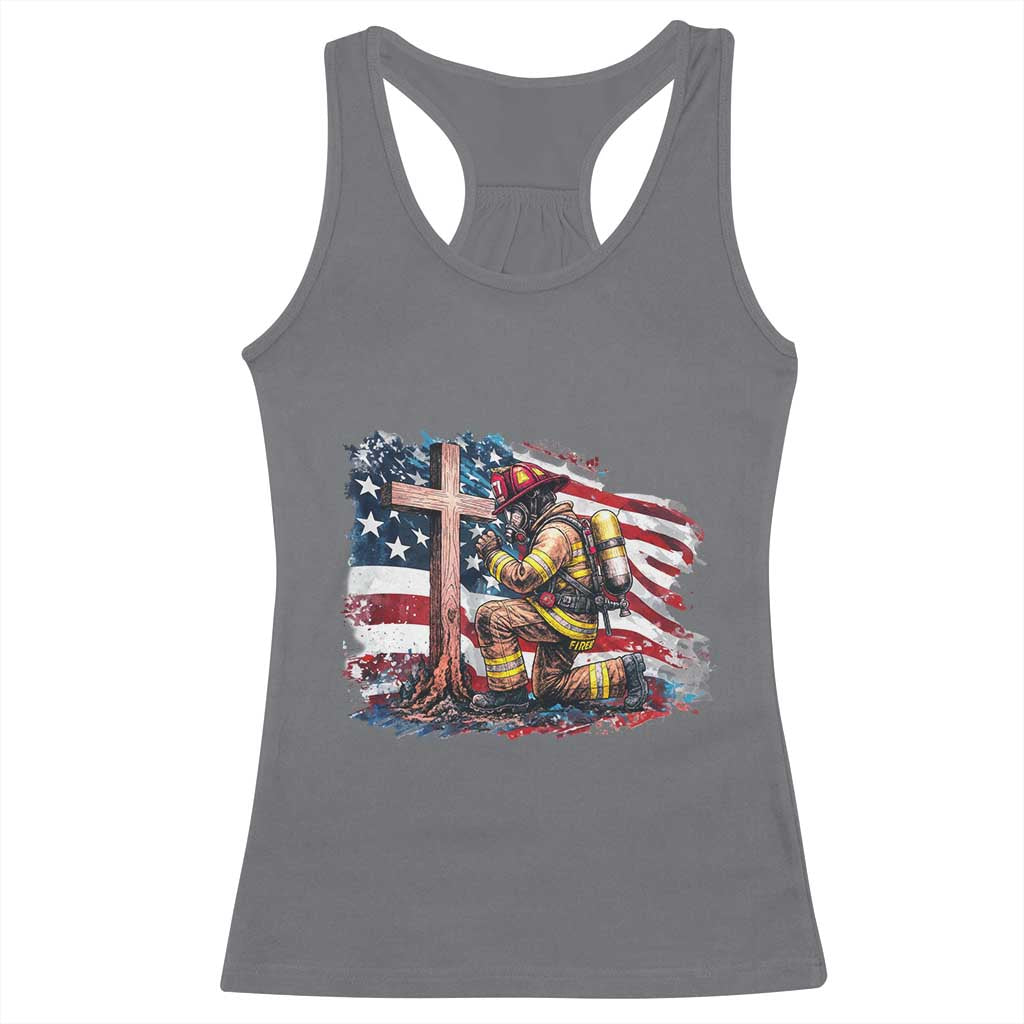 Fireman American Flag Racerback Tank Top Firefighter Christian Cross Bible - Wonder Print Shop