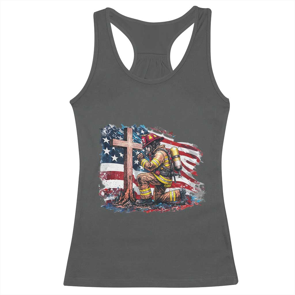 Fireman American Flag Racerback Tank Top Firefighter Christian Cross Bible - Wonder Print Shop