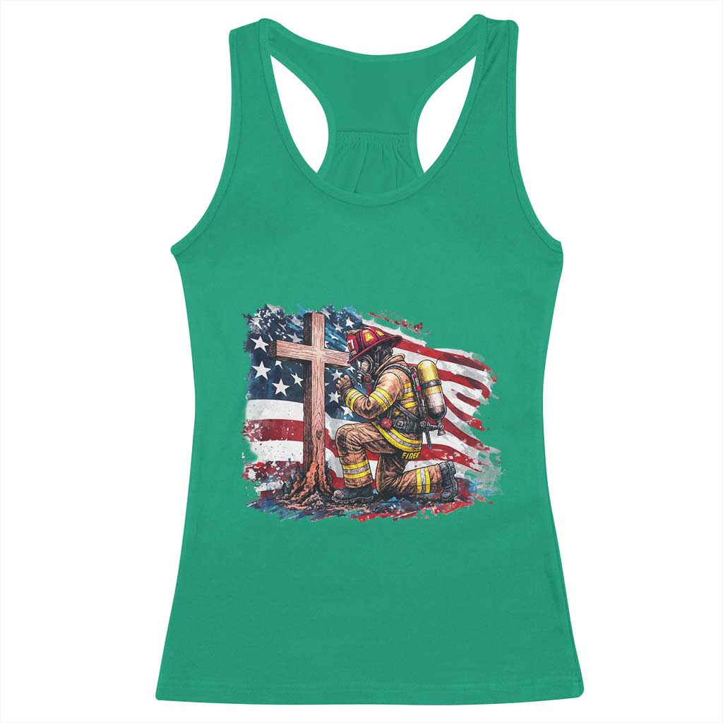 Fireman American Flag Racerback Tank Top Firefighter Christian Cross Bible - Wonder Print Shop