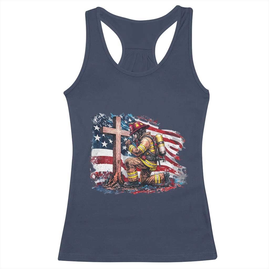 Fireman American Flag Racerback Tank Top Firefighter Christian Cross Bible - Wonder Print Shop