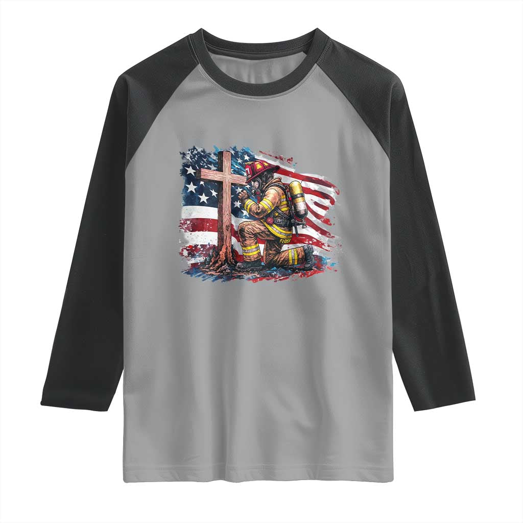 Fireman American Flag Raglan Shirt Firefighter Christian Cross Bible - Wonder Print Shop
