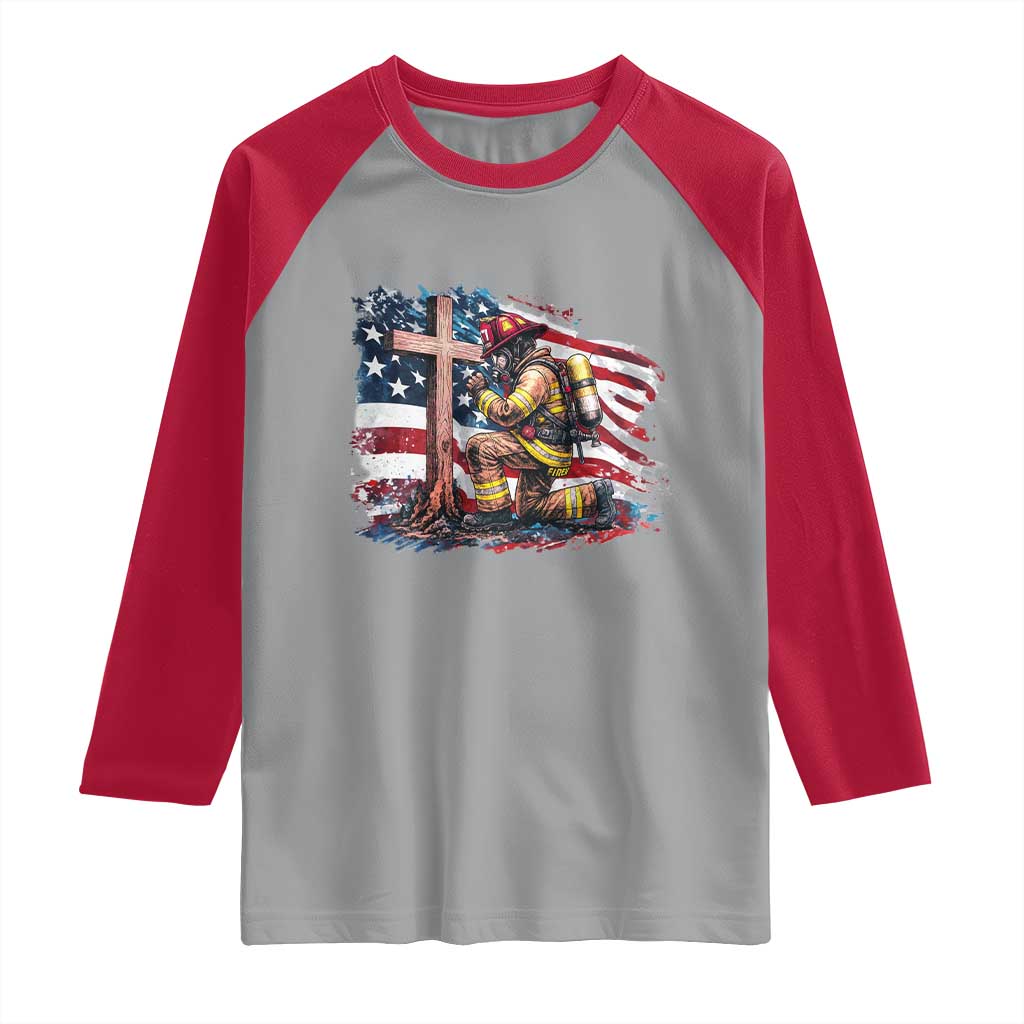 Fireman American Flag Raglan Shirt Firefighter Christian Cross Bible - Wonder Print Shop