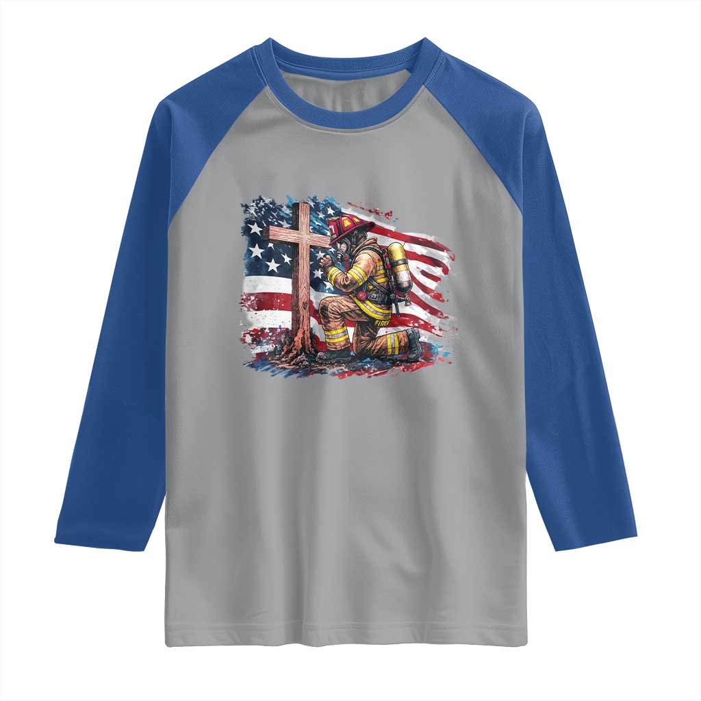 Fireman American Flag Raglan Shirt Firefighter Christian Cross Bible - Wonder Print Shop