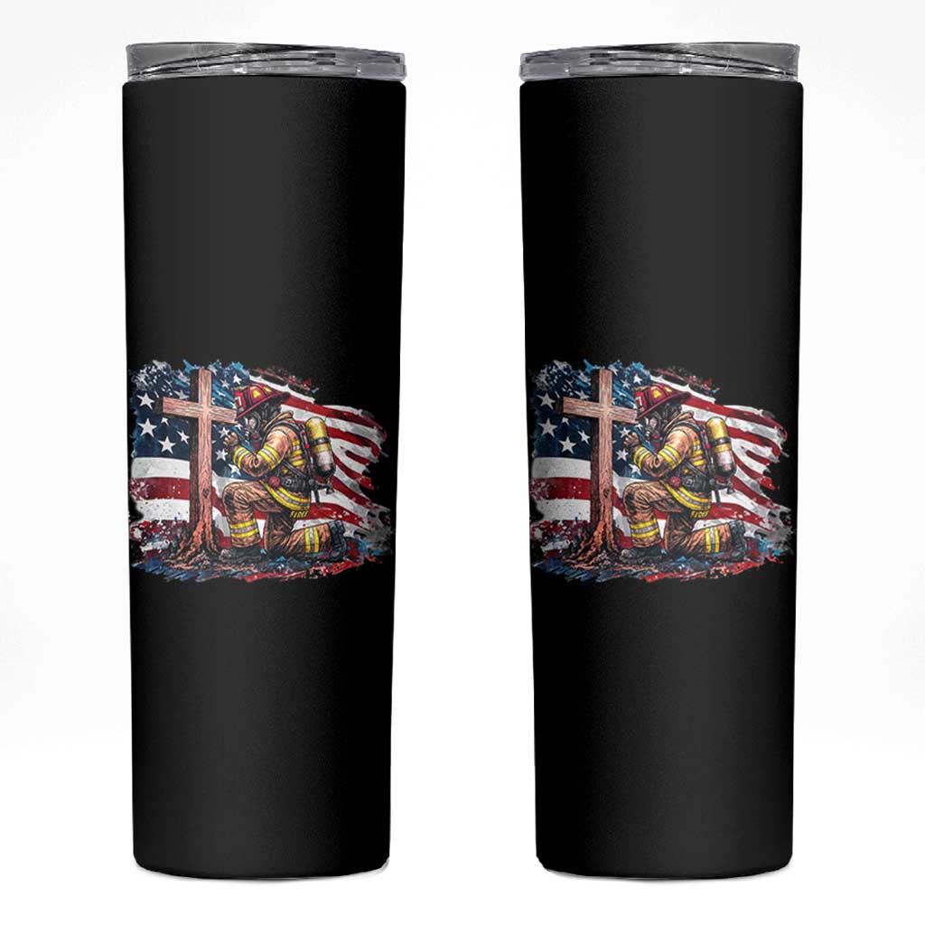 Fireman American Flag Skinny Tumbler Firefighter Christian Cross Bible