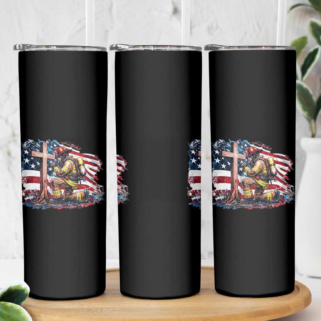 Fireman American Flag Skinny Tumbler Firefighter Christian Cross Bible