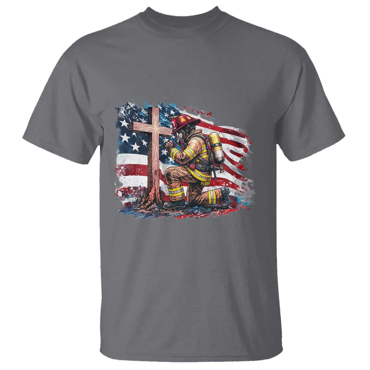 Fireman American Flag T Shirt Firefighter Christian Cross Bible - Wonder Print Shop