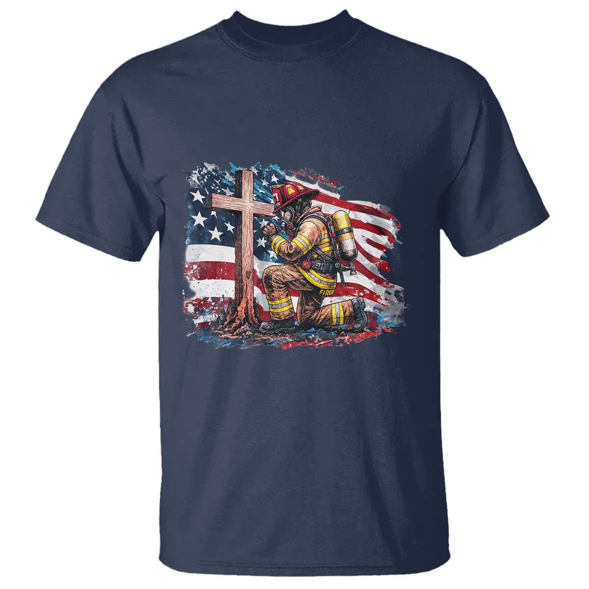 Fireman American Flag T Shirt Firefighter Christian Cross Bible - Wonder Print Shop