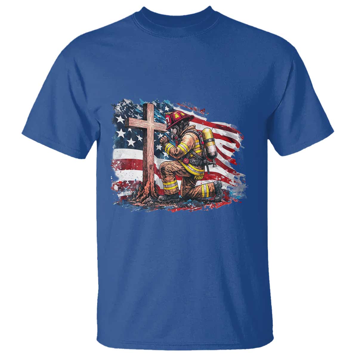 Fireman American Flag T Shirt Firefighter Christian Cross Bible - Wonder Print Shop