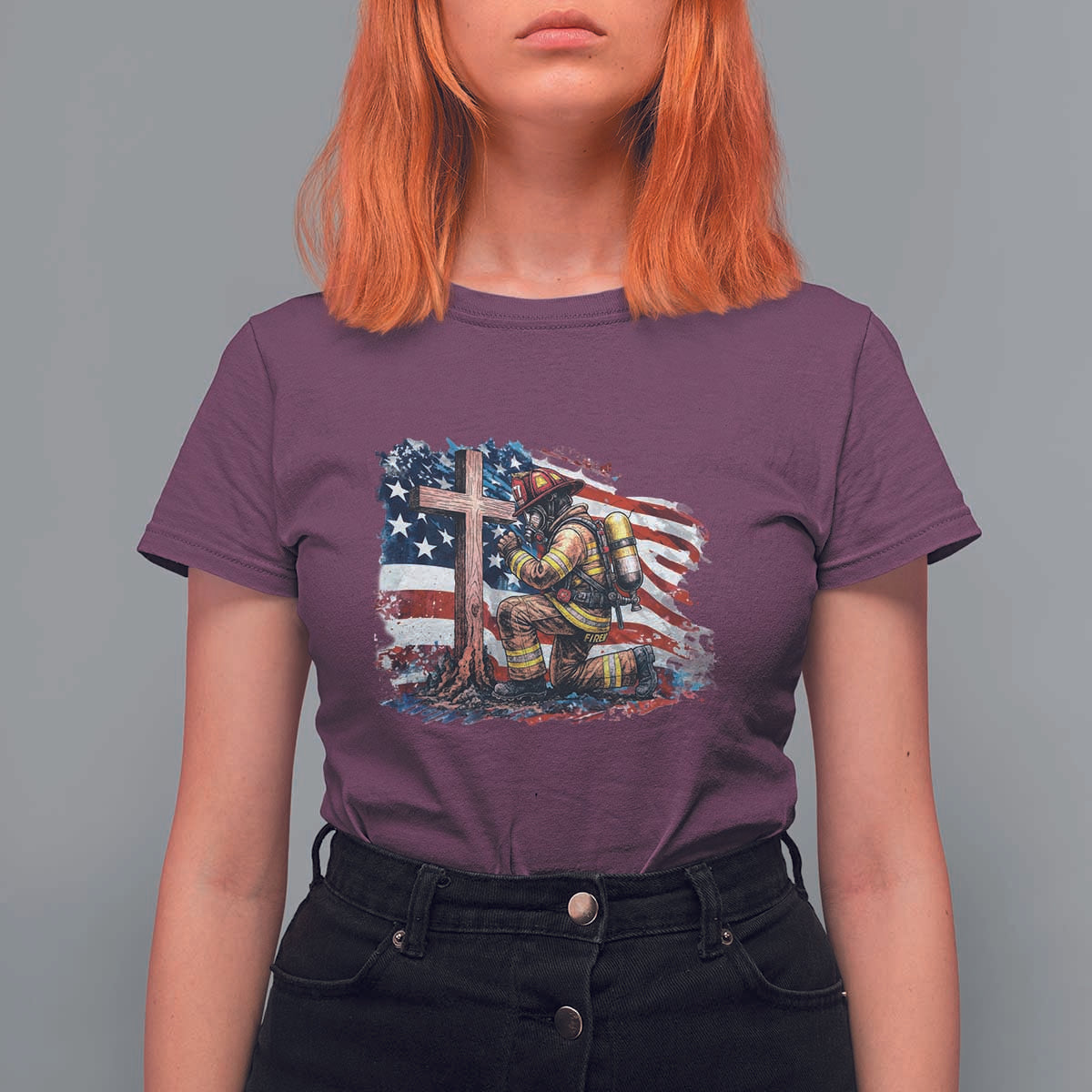 Fireman American Flag T Shirt For Women Firefighter Christian Cross Bible - Wonder Print Shop